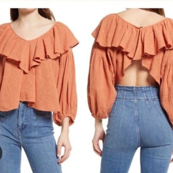 Free People Orange Ruffled Bib Collar Crop Blouse Women XS Bohemian Puffy Sleeve - Picture 2 of 8